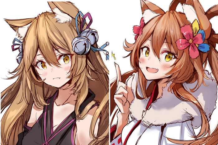 Two anime girls with cat ears and yellow eyes