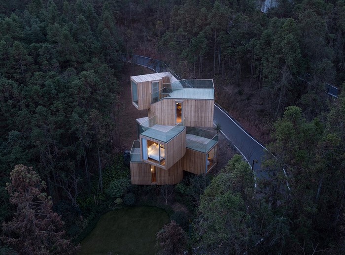 Modern wooden house nestled in a dense forest
