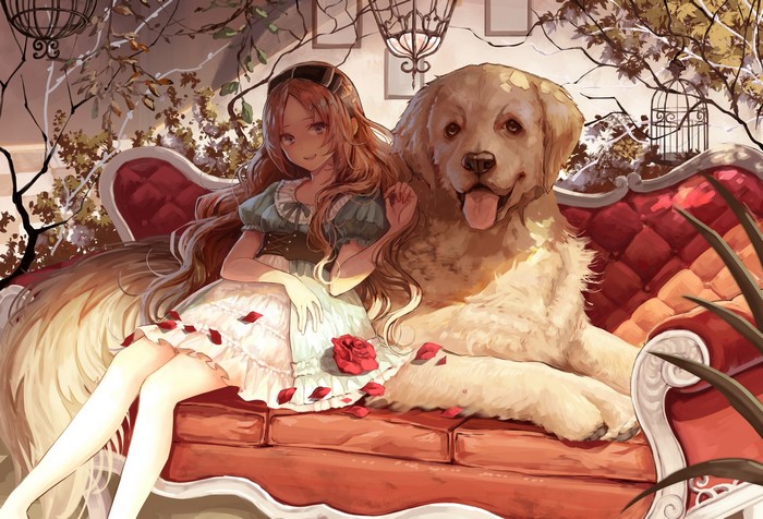 Anime girl and golden retriever on a couch