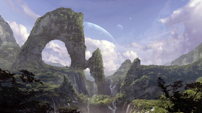 Digital art landscape with planets and rock formations