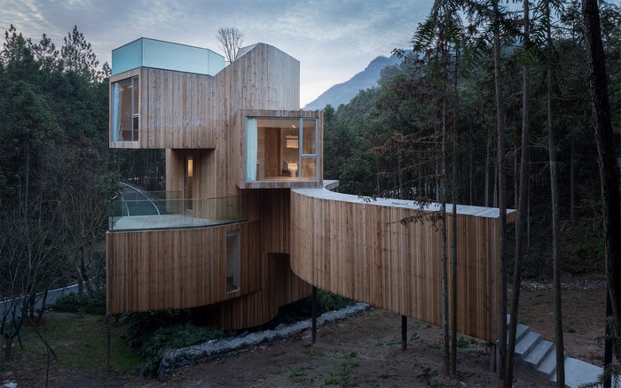 Modern wooden house in a forest