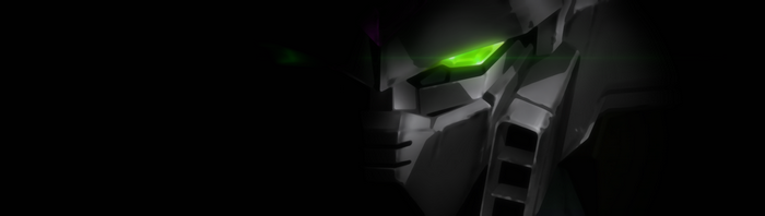 Gundam with glowing green eyes