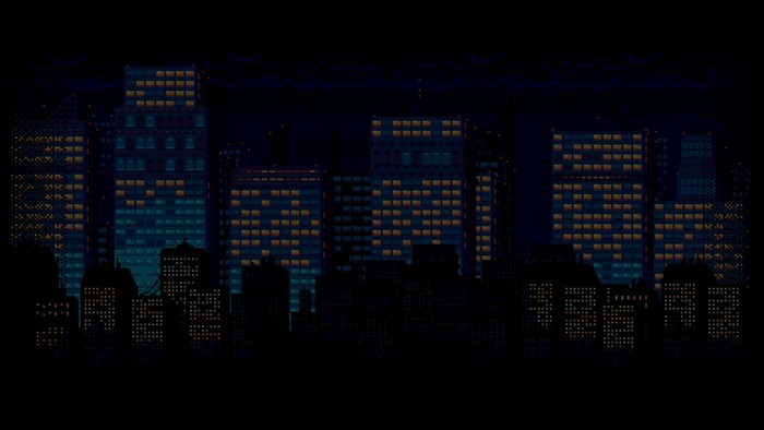Pixel Art Night Cityscape with Skyscrapers
