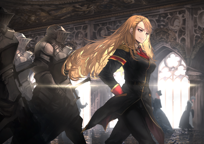 Anime girl in military uniform with knights