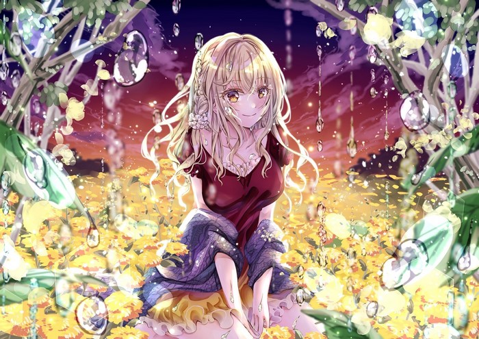 Anime girl in a field of yellow flowers with rain