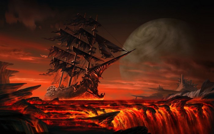 Fantasy ship sailing on a lava sea under a large planet