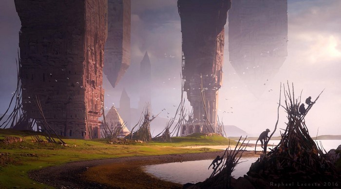 Fantasy landscape with ancient structures and figures