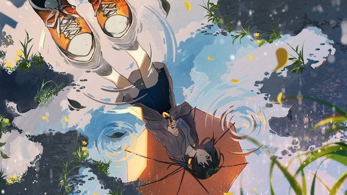 Anime girl with umbrella reflected in water
