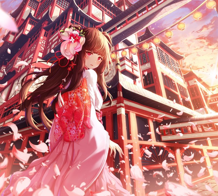 Anime girl in kimono with flower in hair at temple