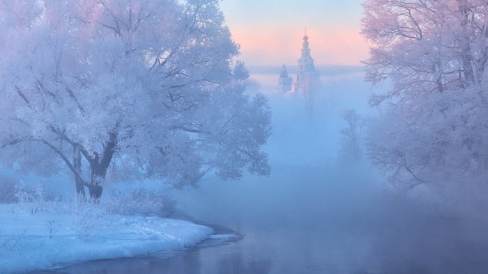Misty winter morning with frost-covered trees and a distant castle