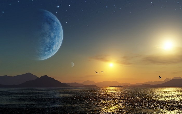 Alien planet with two suns and a large moon