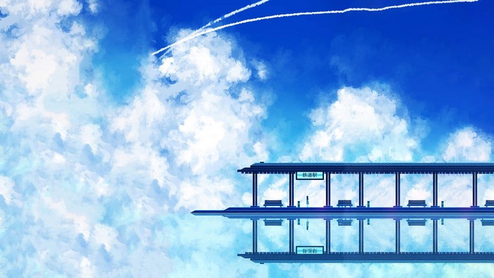 Anime train station platform reflected in the sky