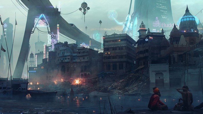 Futuristic Indian cityscape with neon lights and drones