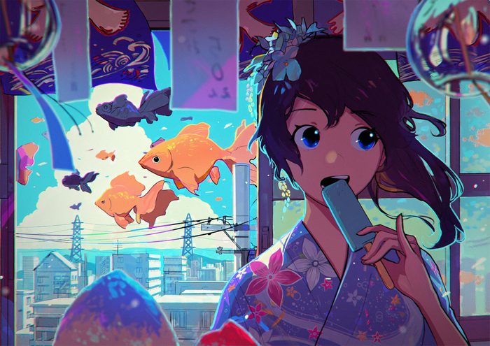 Anime girl in yukata eating popsicle with goldfish