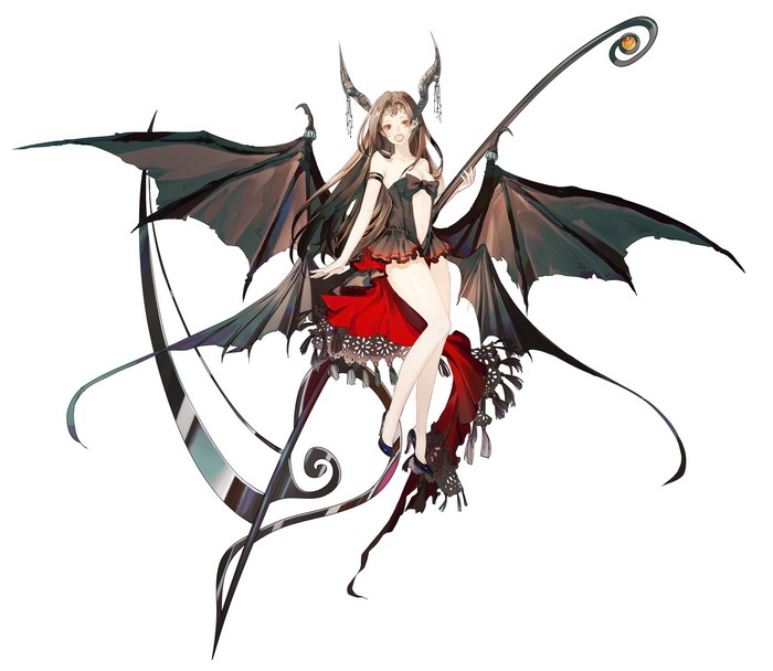 Anime girl with horns and wings holding a scythe
