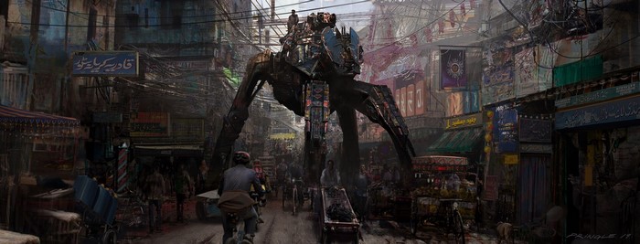Giant robot in a busy market in Pakistan