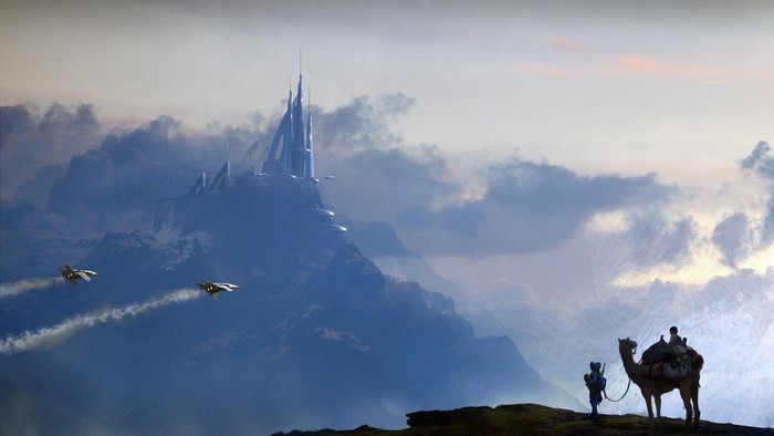 Science fiction landscape with futuristic castle and jets
