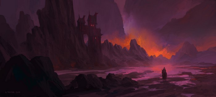 Fantasy landscape with castle and lone rider