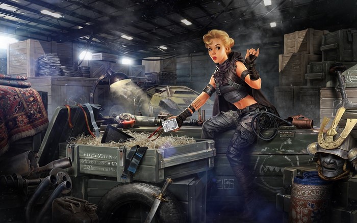 Fantasy girl in a workshop with a vehicle