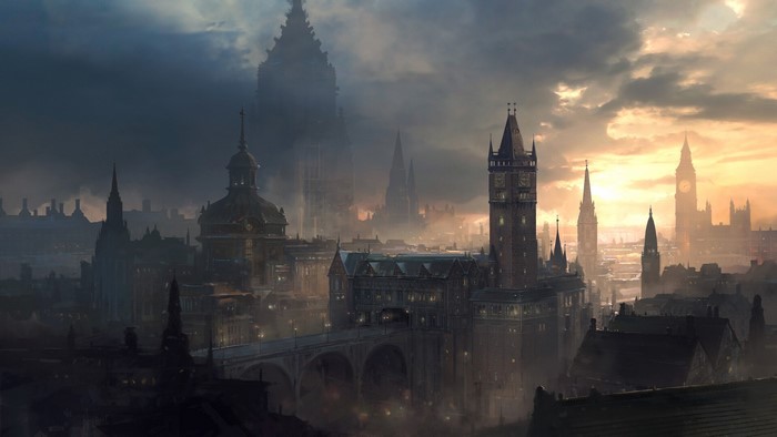 Fantasy city with clock towers and domes at sunset