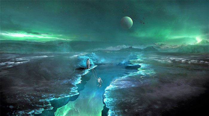 Astronauts exploring an alien icy landscape with aurora