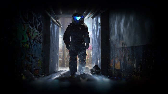 Astronaut in a graffiti-covered hallway