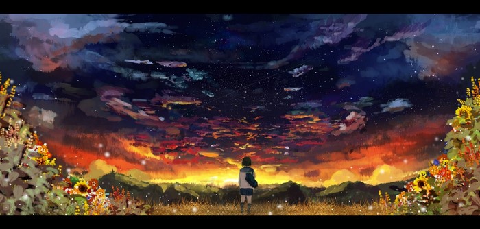 Anime girl looking at a colorful sunset sky with stars