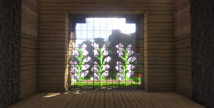 Minecraft screenshot of flowers through a window