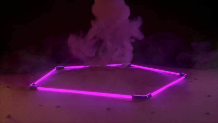 Violet neon polygon on sand with smoke