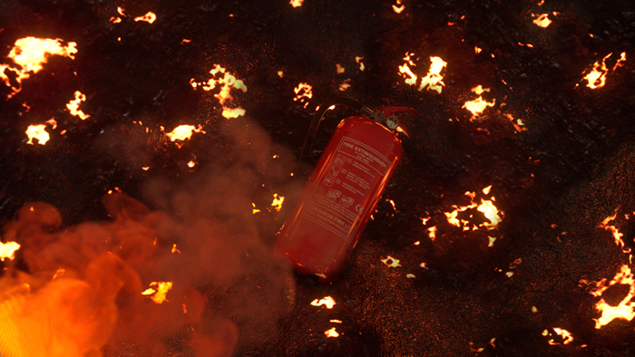 Red fire extinguisher in a fiery environment