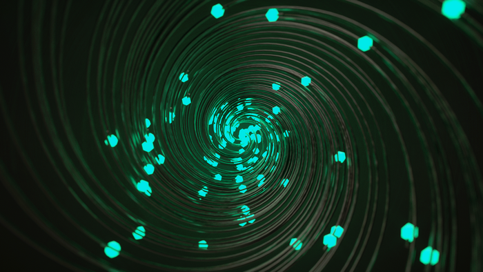 Abstract green spiral with glowing particles