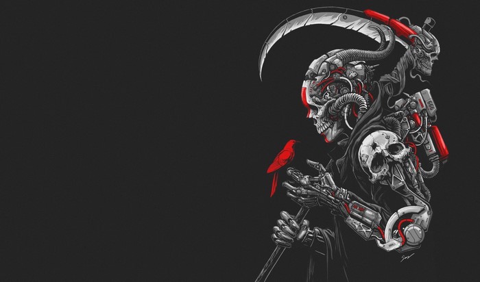 Grim Reaper with mechanical skull and red bird