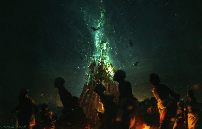 People gathered around a glowing green structure with birds flying
