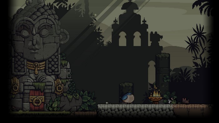 Pixel art jungle ruins with a bird and a rabbit