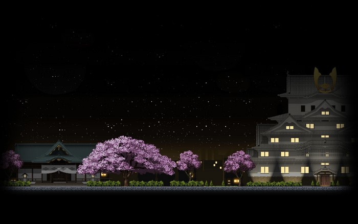 Pixel Art Night Scene with Asian Architecture and Sakura