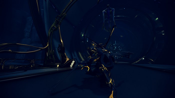 Umbra from Warframe in a dark sci-fi environment