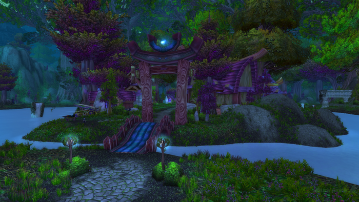 World of Warcraft Ashenvale forest settlement with a bridge and archway