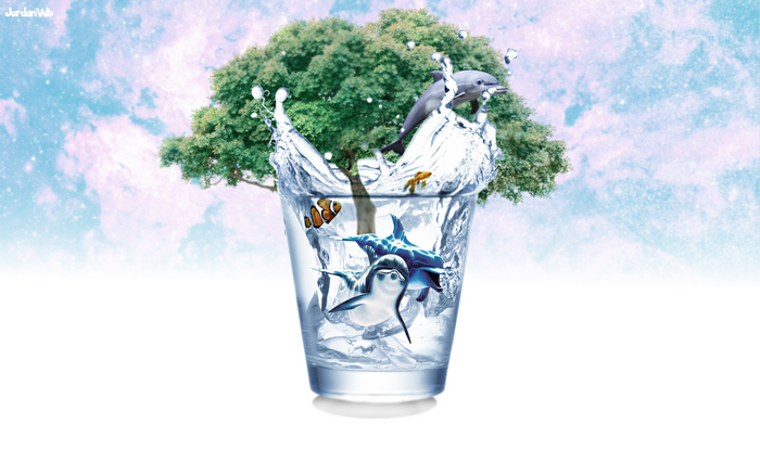 Dolphins and fish in a glass of water with a tree