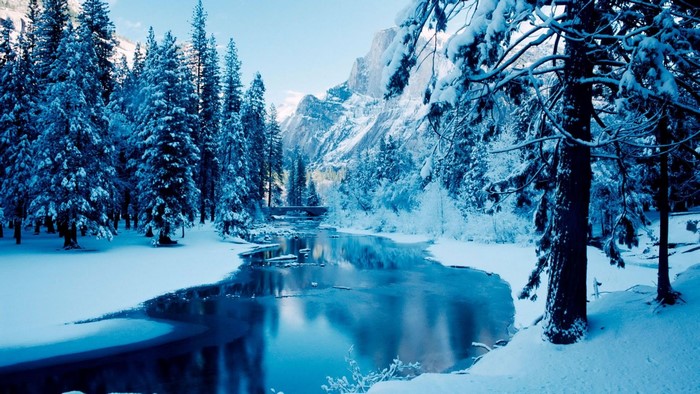 Snowy forest with river and mountains