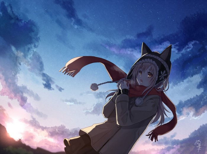 Anime girl with cat ears hat and scarf in the sky
