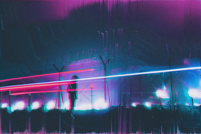 Glitch art of a person standing near a fence at night