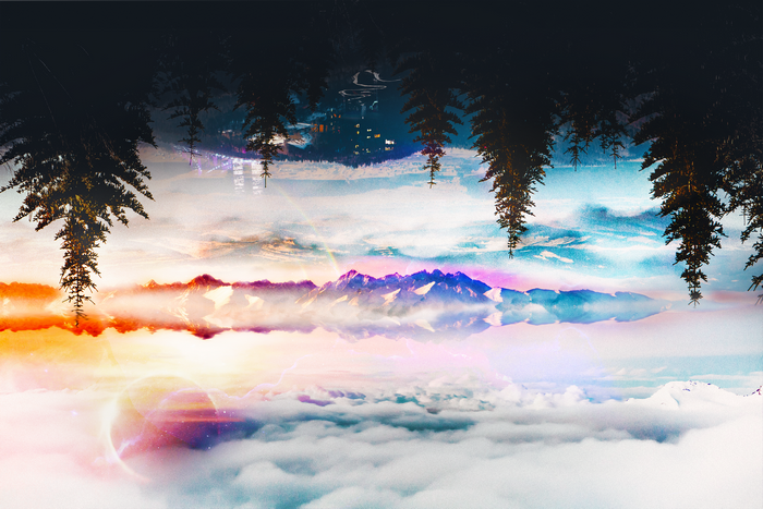 Surreal mirrored mountain landscape with clouds and trees