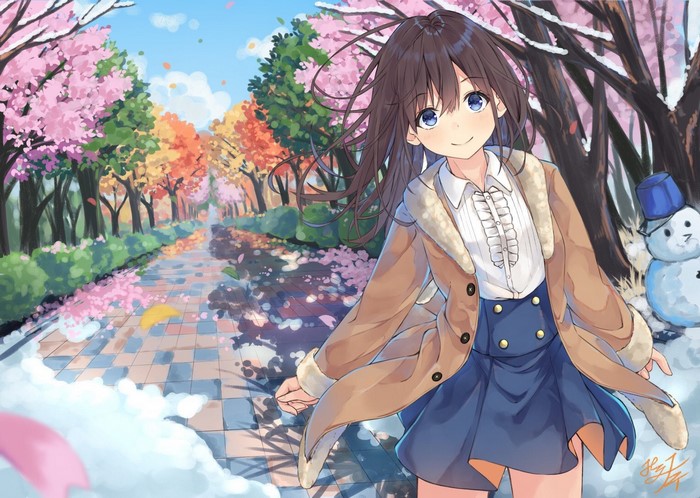 Anime girl in a coat walking on a path with trees