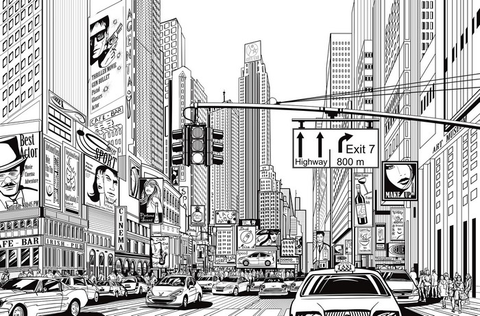 Black and white cityscape with billboards and traffic