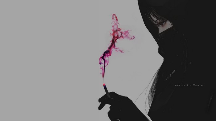 Anime girl in black hood smoking with pink smoke