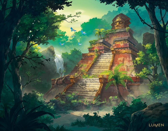 Ancient jungle temple with a waterfall and birds
