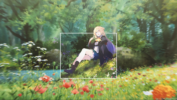 Anime girl sitting in a forest