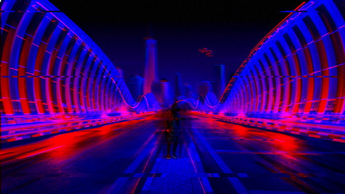 Person on a futuristic bridge with city skyline