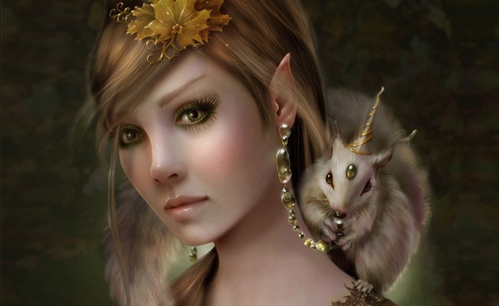Fantasy elf girl with a unicorn squirrel
