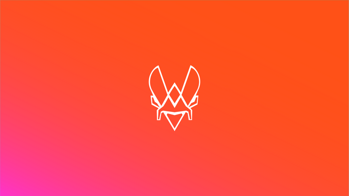 White abstract logo on orange and pink gradient background